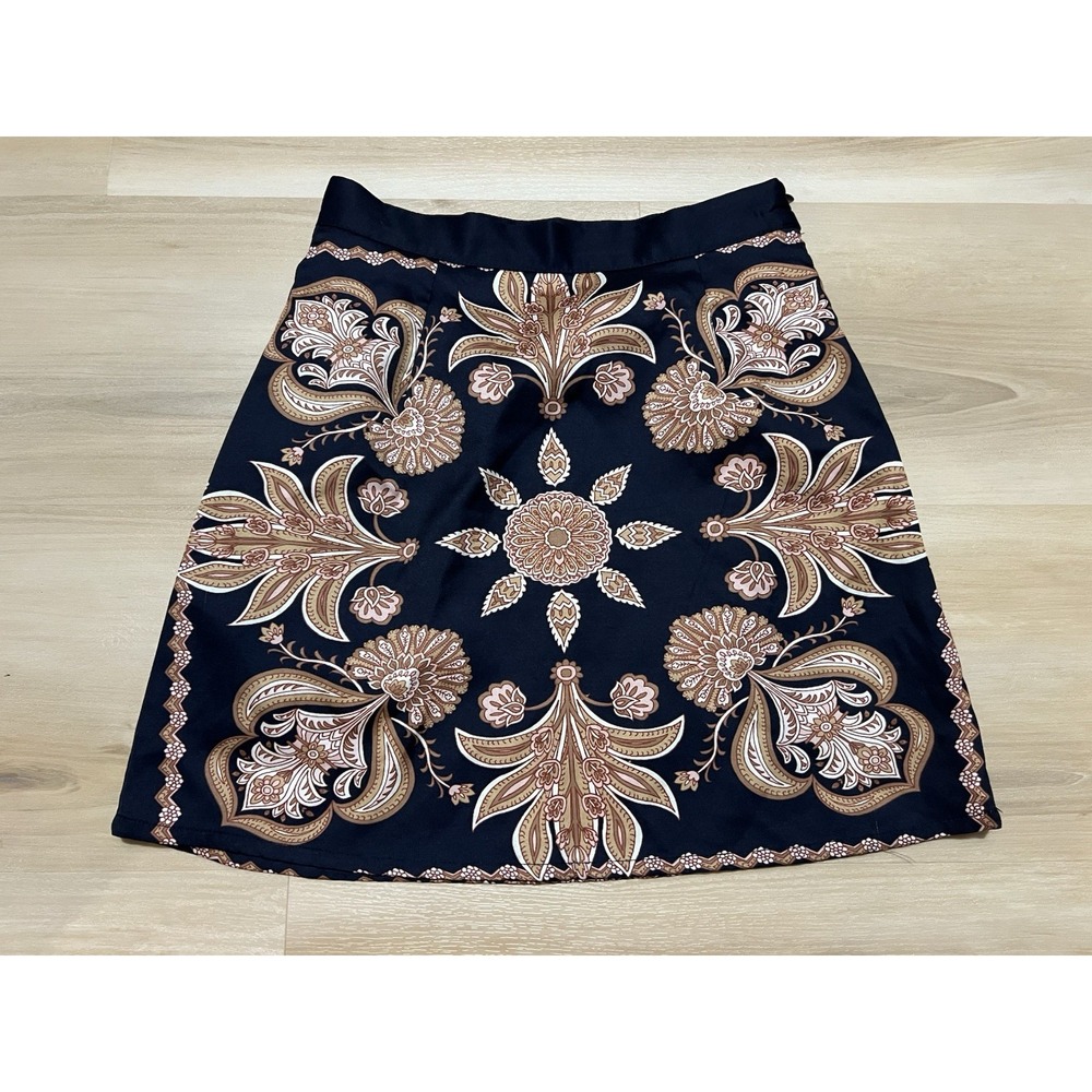 Shein Women's Paisley Boho Navy Tan Satin Side Zip Skirt Size Small